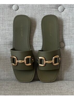 Primark Olive Green Slide Summer Sandals with Gold Chain Detail Womens size 7